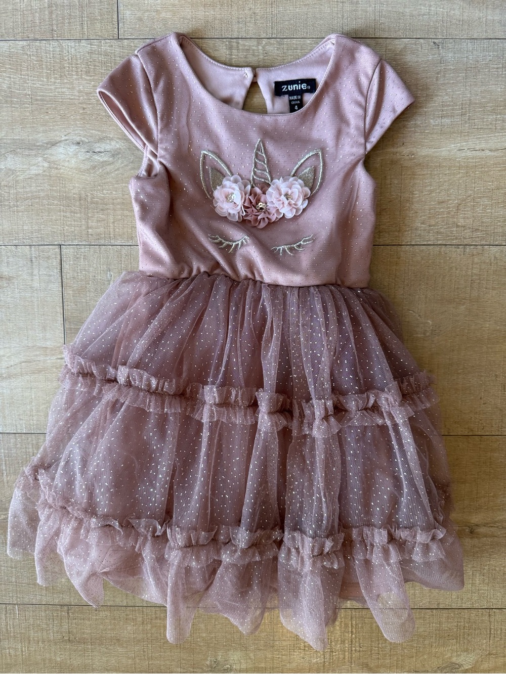 Zunie Dusty Pink Sparkle Tulle Dress size 4 unicorn floral tiered party ready